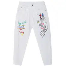 Новые Белые шаровары с принтом хлопковые стрейч Свободные женские джинсы