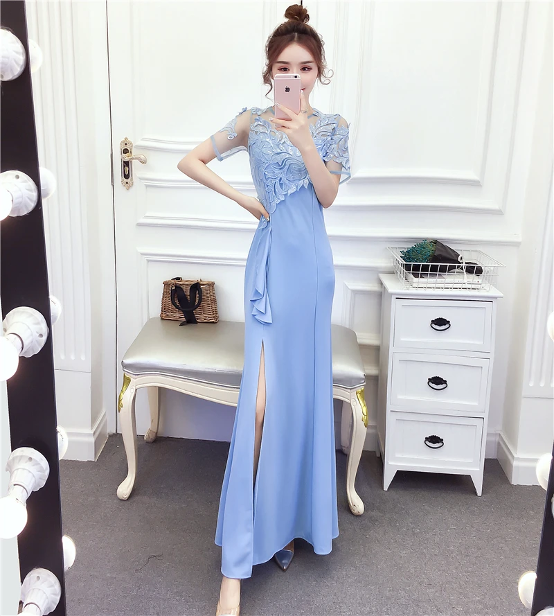 Платье подружки невесты, светильник синего цвета, красное, Vestido Azul Marino, длинное, для гостей, для свадебной вечеринки, для женщин, с вышивкой, с оборками, черное платье для ужина