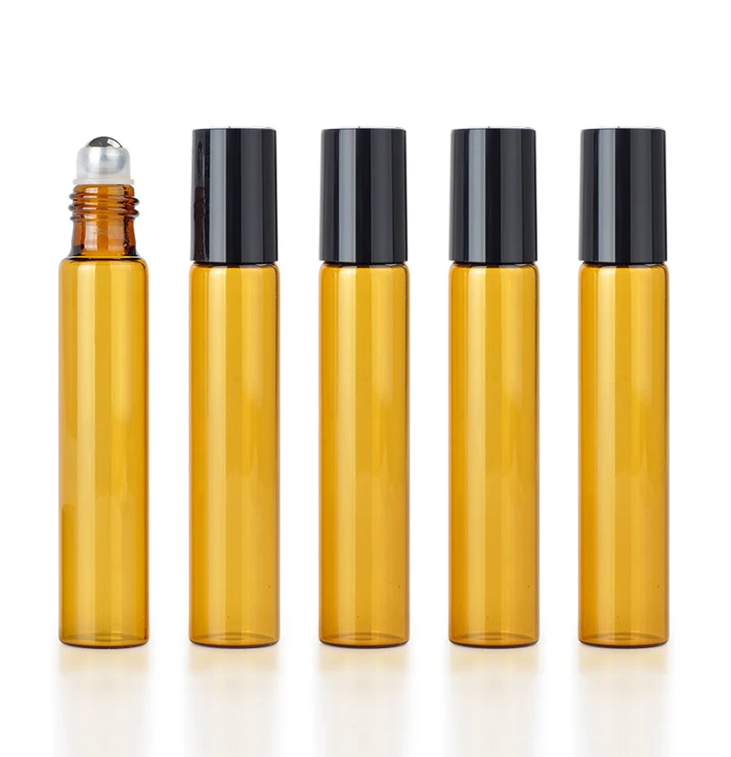 100pcs/lot 10ML Portable Amber Essential Oil Bottle Roll on Perfume Bottle Mini Metal Ball Roller Brown Essential Oil Bottles