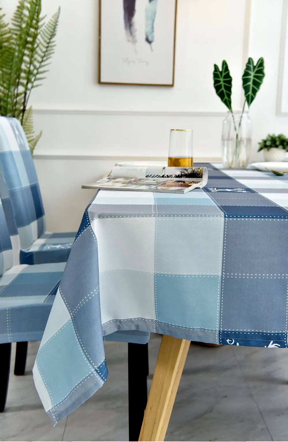 MENGERMEI Blue Grid Deer Graphic Tablecloth Cushion Cover Table Cover Dustproof Cloth Decor Furniture Dustproof Cover Home Hotel