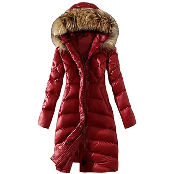 

Winter Womens solid color coats long warm sticky Cotton artificial fur collar slim down jacket thickened Womens blouse