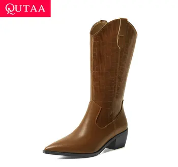 

QUTAA 2021 Square High Heel Mid Calf Women Boots Pointed Toe Fashion Long Boots Autumn Winter PU Slip on Women Shoes Size 34-43