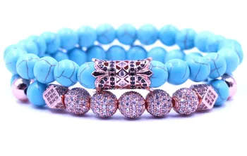 

8mm 2PCS/Set rose gold elastic adjusted nature turquoise bead micro pave cz zircon cubic zirconia tube Bracelet Jewelry hrg2