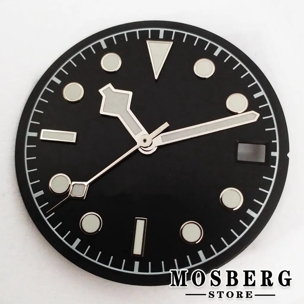Sterile Luminous Black and Green Watch Dial with Date Window and Hands - 28.5mm