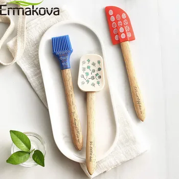 

ERMAKOVA 3-Pcs Long Silicone Spatula Silicone Spoon Baking Brush with Healthy Oak Handle for Cooking and Baking Kitchenware Set