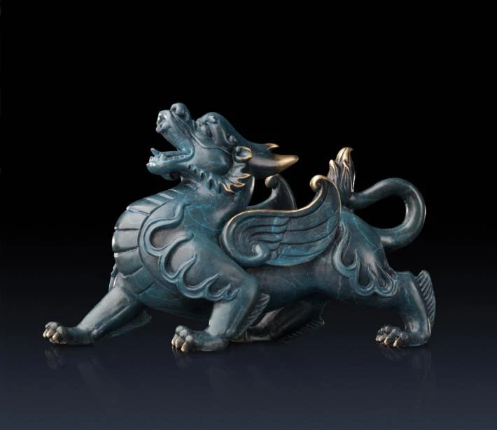 5,9 дюймов китайский арт-деко Чистая латунь Foo Dog Лев фигурка с драконом цилинь украсить скульптура