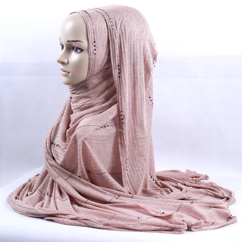200x120 см KASHKHA брендовый вязанный Длинный Шарф чешские Стразы мусульманские хиджаб платок роскошные бриллианты в полоску завязанные головные уборы - Цвет: rubber pink
