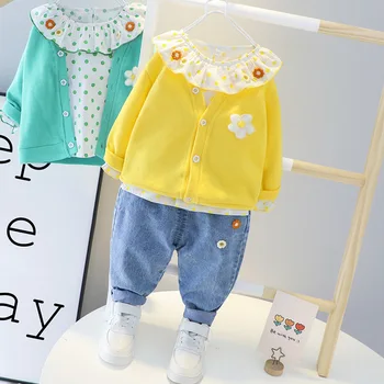 

2020 Autumn New Girl Korean Version Cute Cardigan Three-piece Suit Autumn Girl Baby Polka Dot Suit
