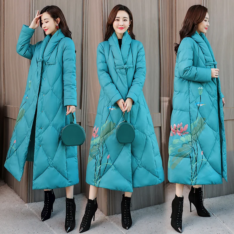

2019 New Winter Down Cotton Coat Women Long Parkas Stand Collar National Style Print Loose Padded Jacket Female Outerwear AN291