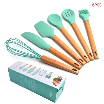 

6pcs Cooking Tools Set Silicone Kitchen Spoon Spatula Scraper Brush Non-Stick Wooden Handle Cookware Baking Utensils
