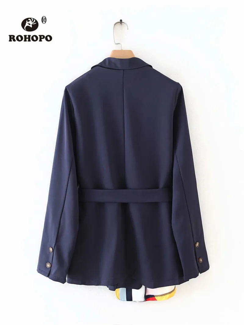 ROHOPO Gradient Printed Contrast color Waistband Blue Blazer Notched Collar Side Flaps Welted Pockets Chic Ladies Outwear #9019 ROHOPO Gradient Printed Contrast color Waistband Blue Blazer Notched Collar Side Flaps Welted Pockets Chic Ladies Outwear #9019