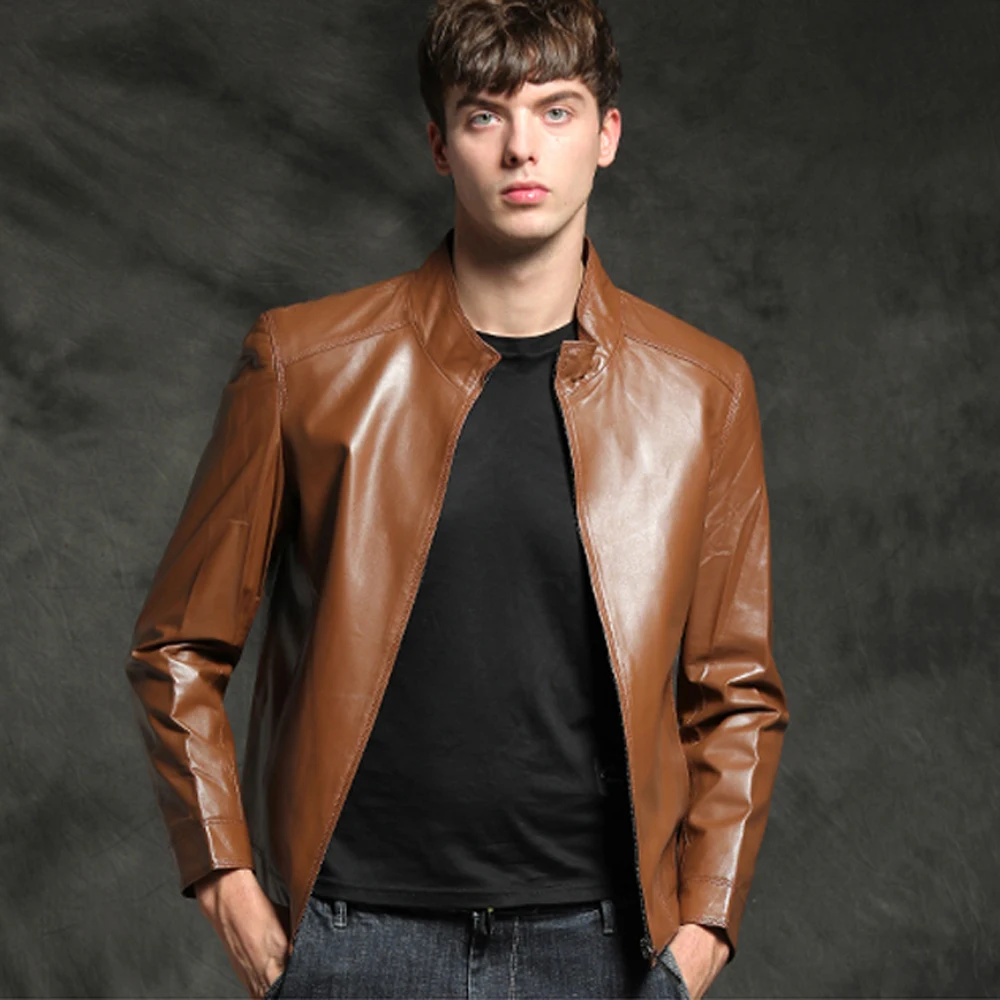 

Young Men Real Sheepskin Coat Brown Short Top Quality Mandarin Collar Slim Genuine Leather Clothing Autumn Leather Outwear