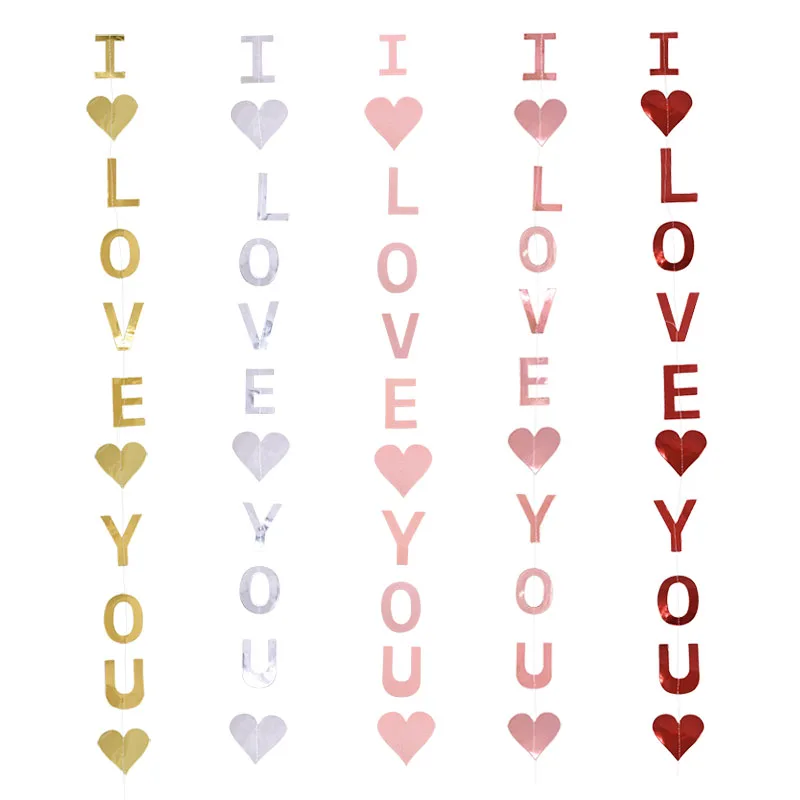 I LOVE YOU Hanging Garland Red Heart Paper Pull Flower Valentine