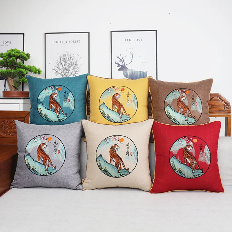 

Custom Embroidery Tiger Sofa Chair Cushion Waterproof Linen Lumbar Pillow Chinese style Office Home Decor