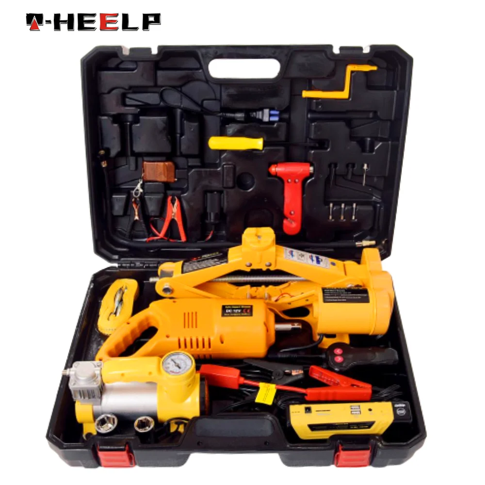 E-HEELP 12V 6in1 Car Electric Jack Built-in Flash LED Light with Impact Wrench and Air pump Wireless Remote Control car jack kit |
