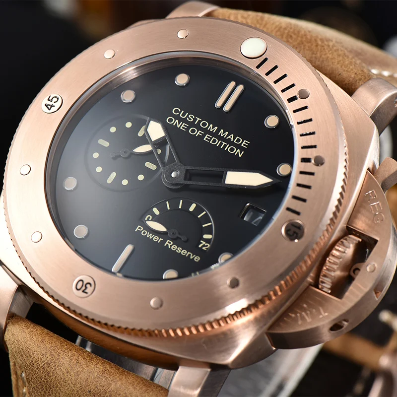 

Watch Men Retro Gold PVD Power Reserve Automatic Mechanical Watch 47mm 2530 Lederen Band Limited Edition Luminous Watches