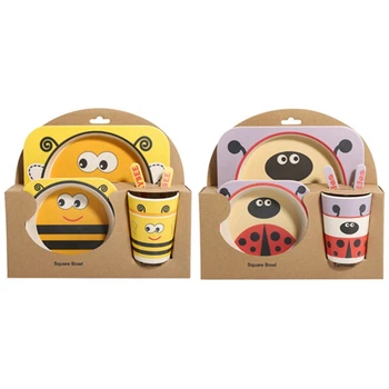 

2 Set Cartoon Animal Plate+Bow+Fork+Cup Baby Dinnerware Feeding Set Bamboo Fiber - Beetle & Bee
