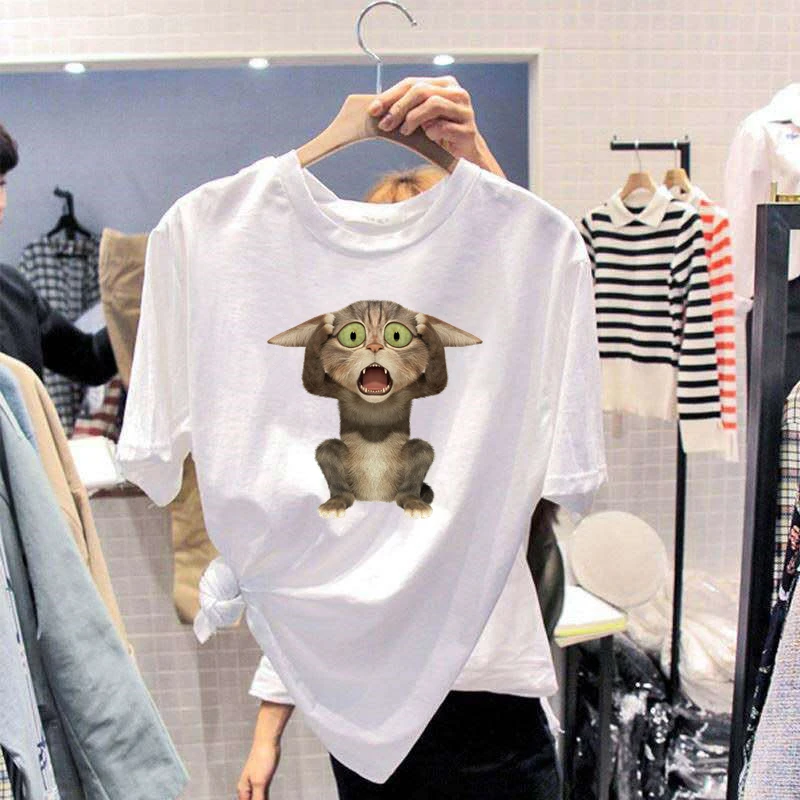

JIXISHENG Cartoon Cat Print Women T Shirt Summer Casual Short Sleeve Funny t-shirt Ladies White Tops Tee Shirt HH298