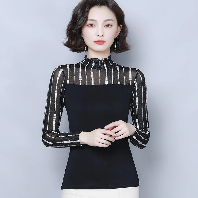 

Blouse Female Fashion Mesh Stripe Shirts Women Sexy Modis Tops Ruffle Half Turtleneck Slim Shirts 2019 Autumn New Chemise Femme