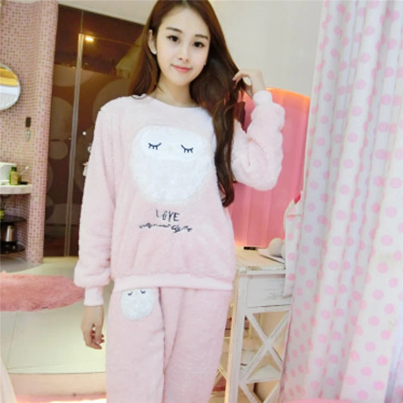 2pcs Autumn Ladies Fashion Flannel Sleepwear Warm Velvet Suit Pyjamas Long Sleeve Cute Top+Pants Women Pyjamas Women Set - Цвет: cat