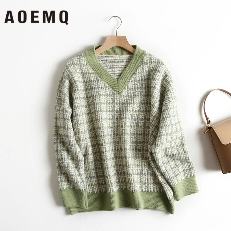 

AOEMQ Fashion Sweaters Thick Plaid Striped Print V-Neck Collar Sweaters 3 Colors Warm Winter Pullovers Sweater Women Clothing