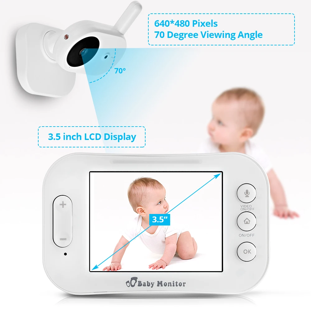  FUERS 3.5 Inch Portable LCD Color Wireless Video and Audio Baby Monitor Night Vision Camera Two Way