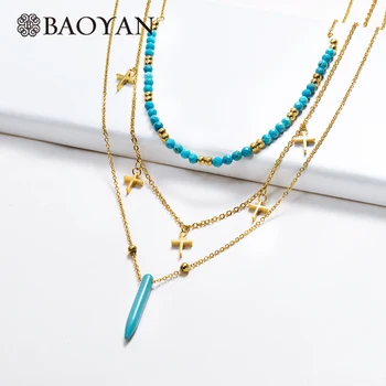 

Baoyan Blue Turquoises Bullet Pendant Necklaces Natural Stone Beads Necklaces Multi Layered Gold Stainless Steel Necklaces Women