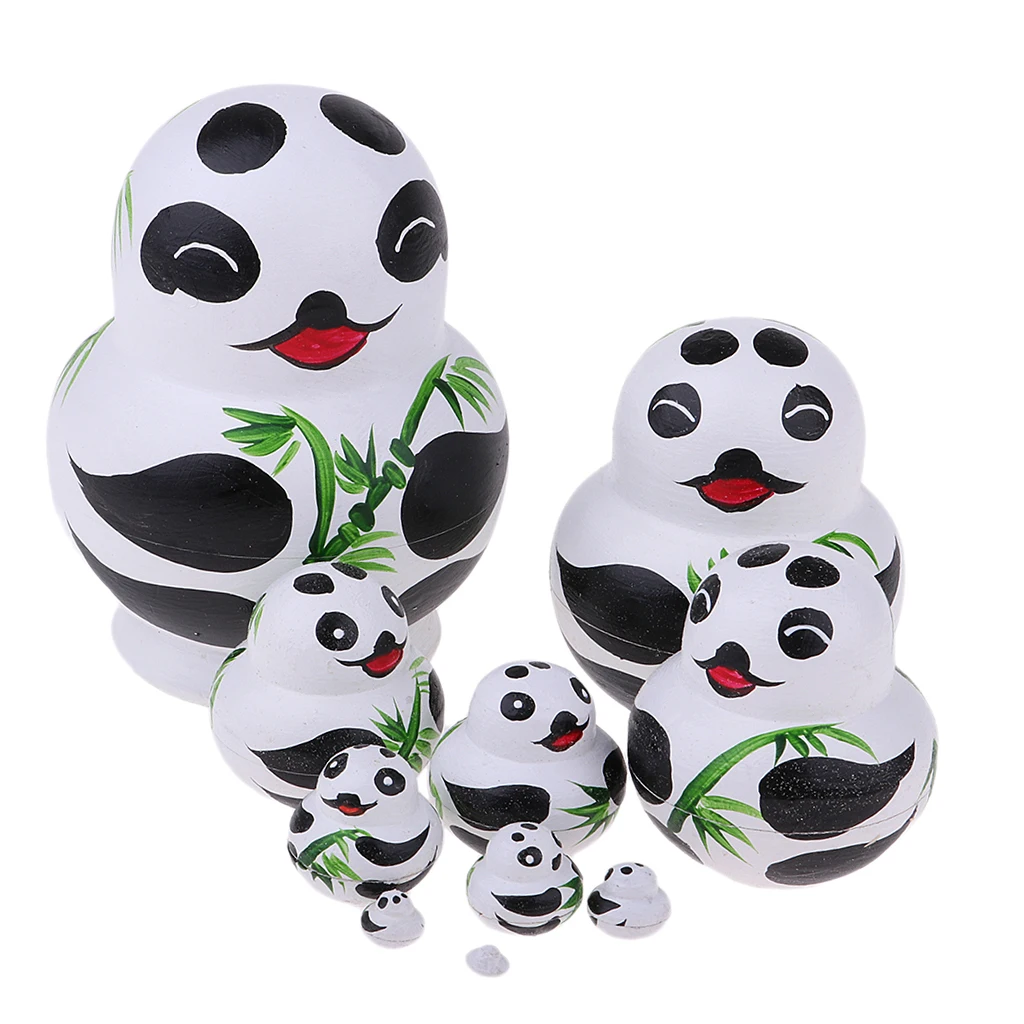 Wooden Russian Nesting Dolls Panda Bamboo Matryoshka Hand Painted 10 Pieces