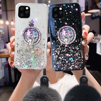 

Case For iPhone 11 Pro Max X XR XS 8 7 6 6s Plus Sequins Glitter Sparkling Real Fox Fur Hair Ball Wrist Strap Holder Phone Cover