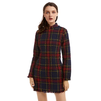 

Bikitique Plaid slim Dress Half High Neck Long Sleeve Tight Wrap Hip Sexy Dress Women Knitted Soft New Winter Party dress