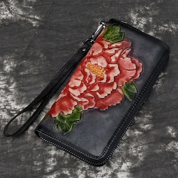 

Women Wallet Female Genuine Leather Long Clutch Wallets Flower Embossing Zipper Wallet Women Card Purse Bag