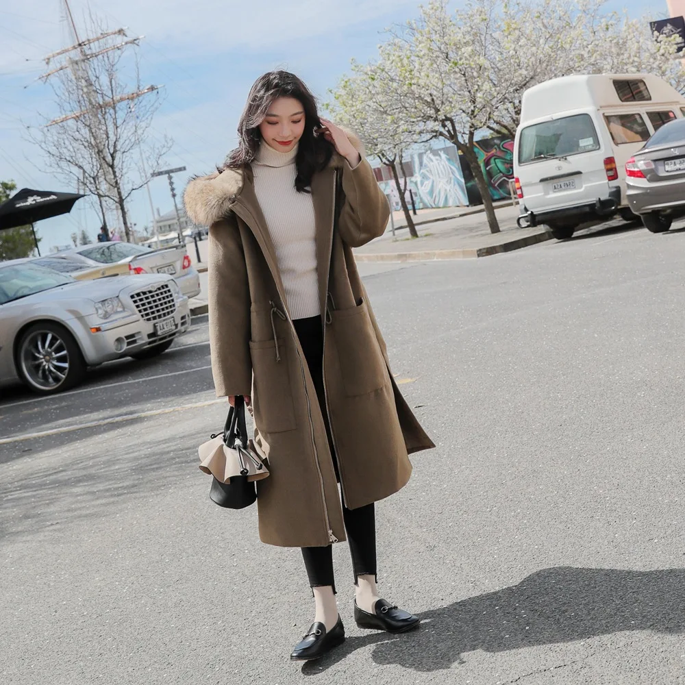 

2018 Winter New Style Korean-style WOMEN'S Wear Retro Laziness-Style Long Large Fur Collar Hooded Woolen Coat Woolen Jacket