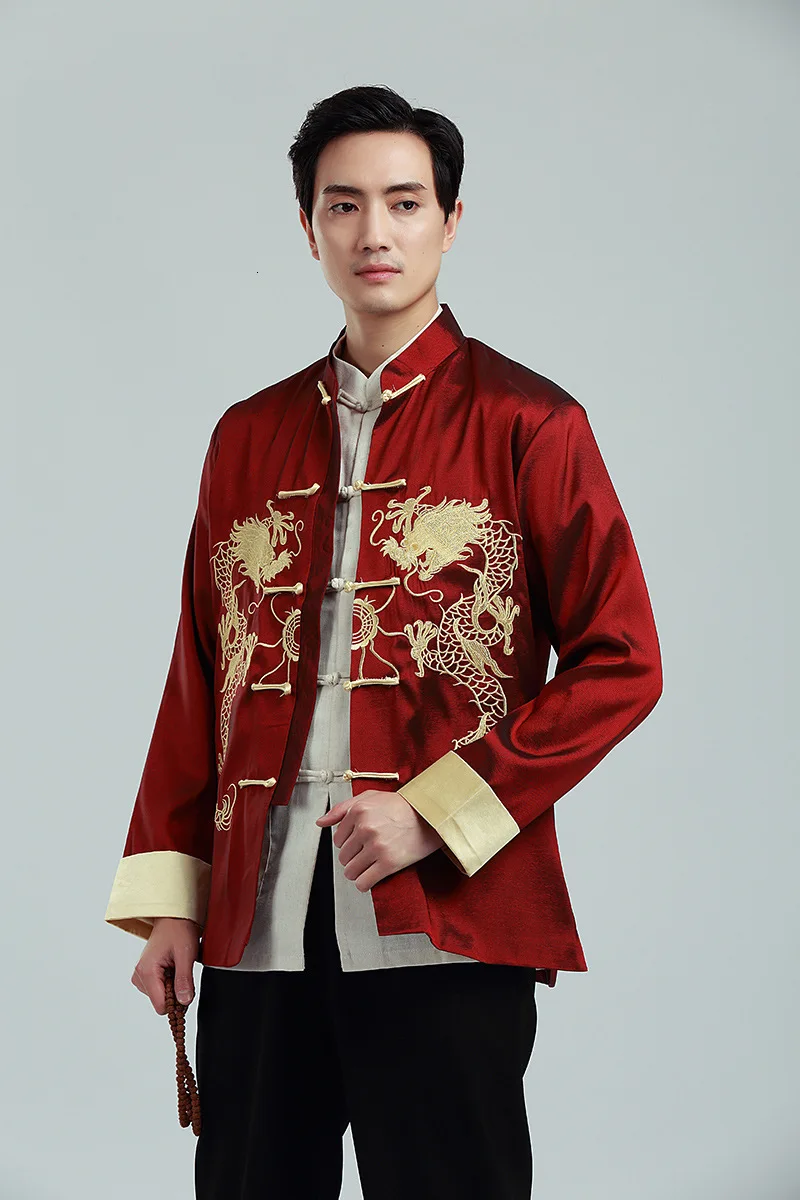 Традиционная китайская одежда для мужчин костюм Тан Вышивка Дракон куртка китайский год рубашка Топ ханьфу Кунг фу одежда