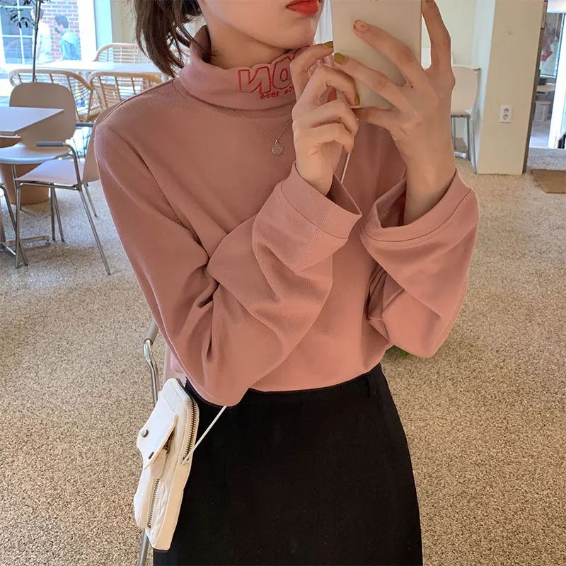 Женские футболки, топы, Японские Женские, Ulzzang, повседневные, ленивые, с высоким воротником, с надписью, футболка, женская, Корейская, Harajuku, одежда для женщин