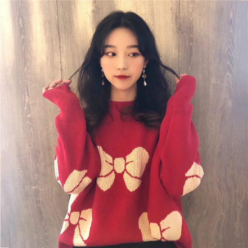 Sweaters Woman Pullovers Christmas 2020 Round Neck Maglioni Korean Vintage Fluffy Large Size Red Sweatshirts Jersey Mujer Lady