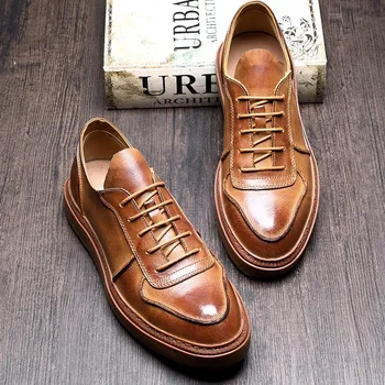 

Smart Casual British Top Brand Mens Genuine Leather Sneakers Shoes Lace Up Round Toe Fashion Streetwear Male Retro Flat Shoes