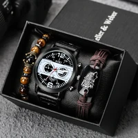 Männer Uhr Luxus Set Wolf Armband Schwarz Quarz Uhren Krone Perle Armbänder Männlichen Armbanduhr Geschenk Freund Ehemann Reloj Hombre