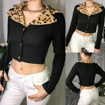

New Autumn Fashion Women Girl Short Jacket Tops Casual Black Leopard Loose Coat Women's Leopard Collar Tight Top