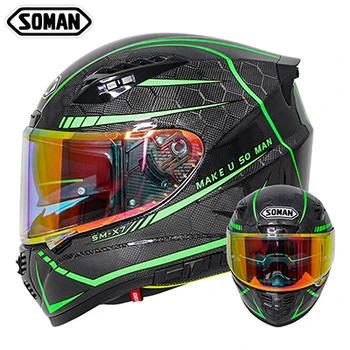 

casco capacete moto Dot Approved Soman SM-X7 Retro Snake Pattern Carbon Fiber Gold Visor Full Face Motorcycle Helmet