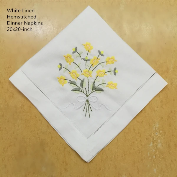 

Set of 12 Fashion Dinner Napkins white Hemstitched linen Table Napkin with Color Embroidered Floral Wedding Napkins 20x20-inch