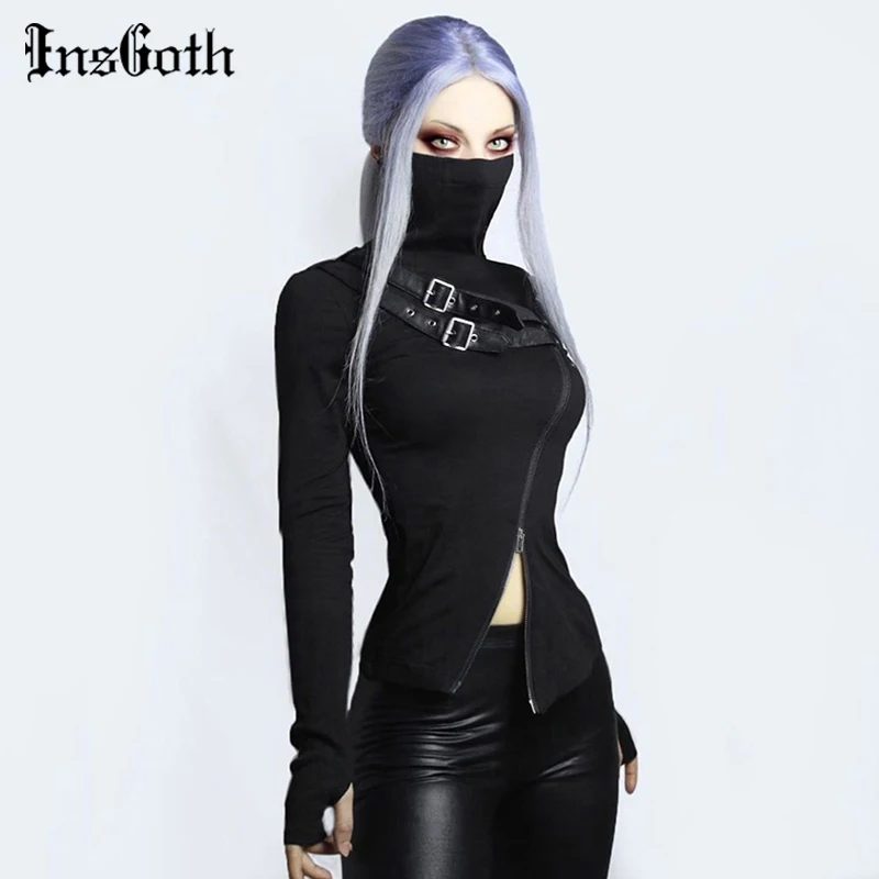 InsGoth Панк кожаные Лоскутные черные топы женские готические уличные сексуальные
