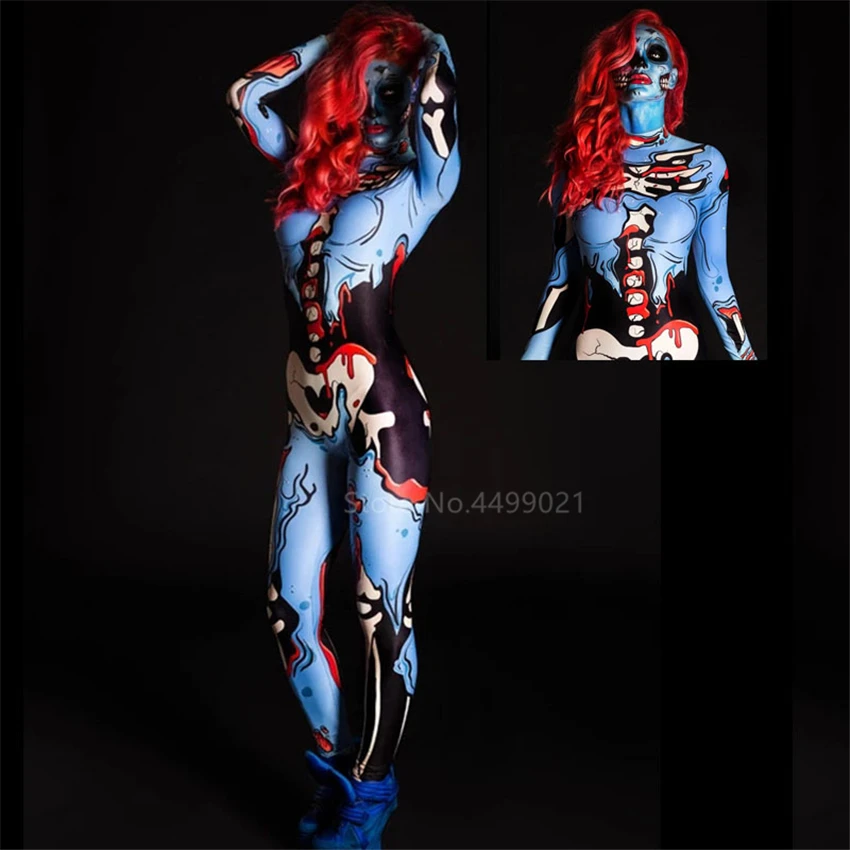 Scary Costume Skeleton Women Wine Red Wig Halloween Day of The Dead Horror Zombie Vampire Cosplay Fancy Dress Carnival Party