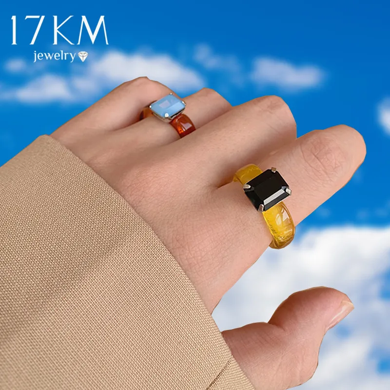 17KM-Anillo de resina de cristal cuadrado transparente para mujer y niña, joyería acrílica con personalidad coreana para fiesta, 2021