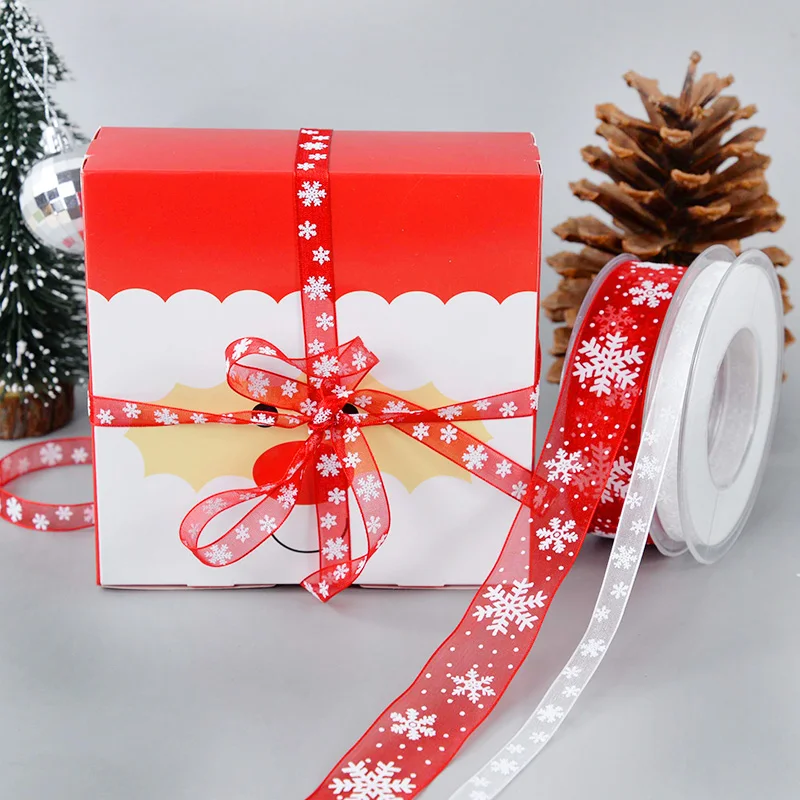 20/5m Christmas Gift Wrapper Ribbon Crystal White Snowflake Tape for Christmas Present Packaging Xmas Tree Decorative Ribbon