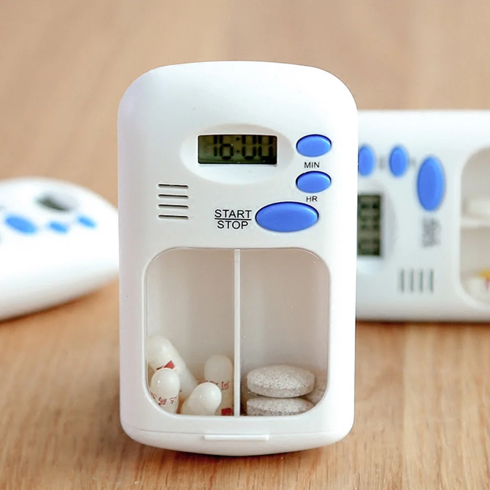

2 Grids Splitters Timer Travel Digital LCD Battery Powered Pill Box Electric Alarm Portable Small Home Use Medicine Reminder