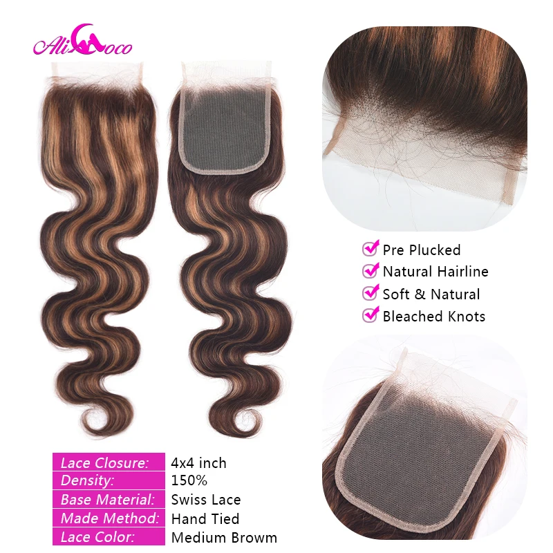 Pacotes com Fechamento Pacotes de Cabelo Onda do Corpo Remy com Fechamento Coco Destaque Colorido Cabelo Ombre Brasileiro p4 - 30 Humano Ali 5 pacotes com fechamento p4 30 pacotes de