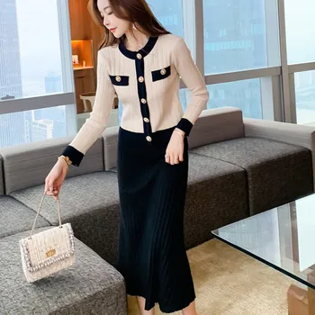 

2020 Autumn Knitted 2 Piece set Ladies Chic Office Single Breasted Pearl Buttons Cardigan Sweater + Pleated Long Skirt Suit