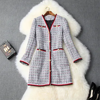 

2019 Fashion Winter Jacket Women Runway Fashion Full Sleeve V Neck Plaid Tweed Woolen Jackets and Coats Vintage Casual Outerwear