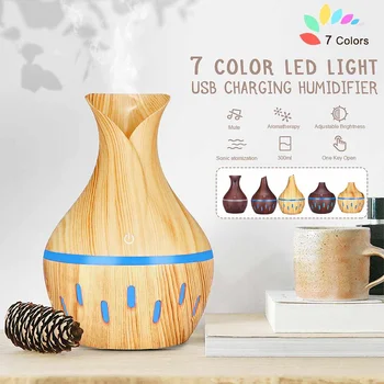 

Air Humidifier 2.4Hz Ultrasonic Aroma-Essential-Oil Diffuser Wood Grain Household Humidifier 7 Color Changing LED Lights 300ml