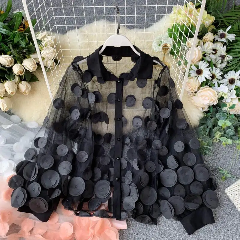 Осень Для женщин блузка слегка приготовленные шикарный сексуальный марли прозрачная 3D плотное цветочное Цвет элегантные рубашки топы J310